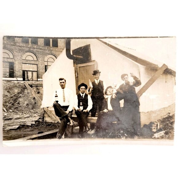 C.1920-30s RPPC Local Small Town Soda Beer Bottling Plant Workers Postcard F6G - Picture 2 of 3